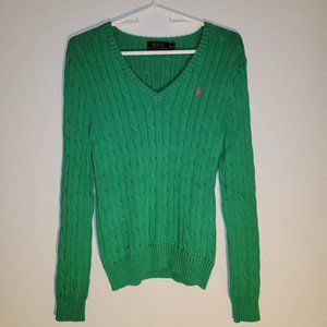 Ralph Lauren Sport Womens Sweater Cable Knit Size M Mint Green V Neck Cotton